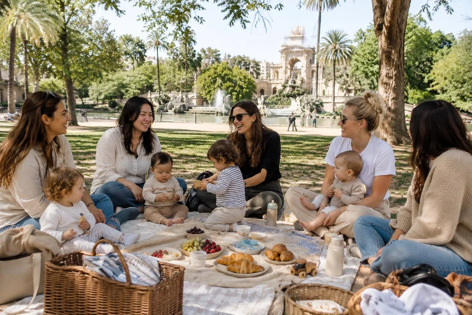 Mothers in Barcelona walking and enjoying a picnic together